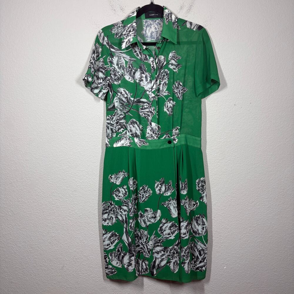 Derek Lam Shift Dress Green Floral Pleated Collared Short Sleeves - Picture 2 of 12